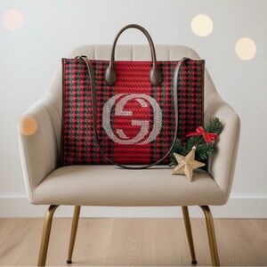 Gucci Red, Green & Black Wool Houndstooth Interlocking G Tote Bag (RARE)
